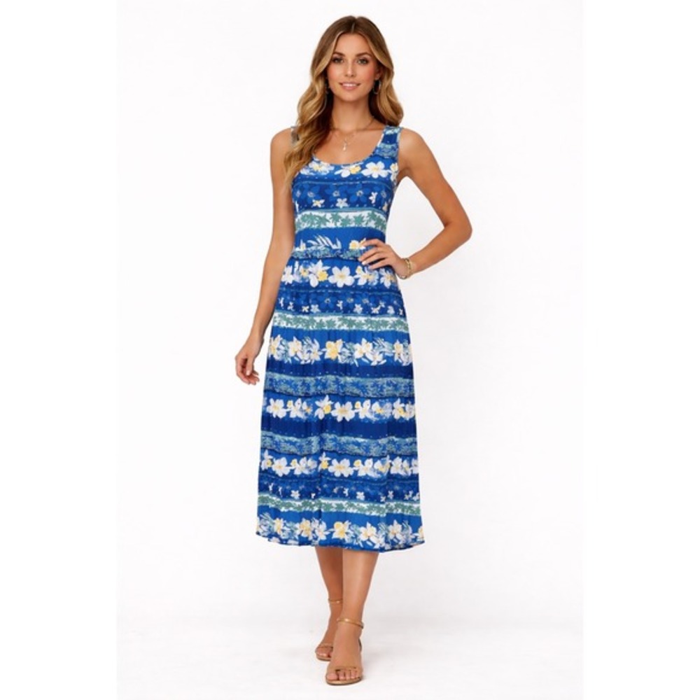 Jams World Dress Womens S Blue Orchid Tropical Floral Rayon Sleeveless‎ Midi VTG